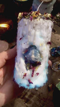 Load and play video in Gallery viewer, Stone of Wisdom Mini Spell Candle with Blue Calcite, Peacock Ore, & Clear Quartz