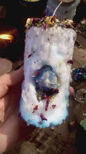 Load and play video in Gallery viewer, Stone of Wisdom Mini Spell Candle with Blue Calcite, Peacock Ore, &amp; Clear Quartz
