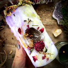 Load image into Gallery viewer, Daughter of Wind and Soil Mini Spell Candle with Smokey Quartz &amp; Citrine
